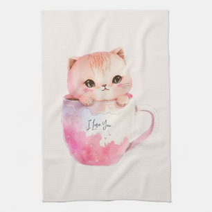 Cute White-Pink Cat in a Tea Cup (2) Towel