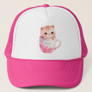 Cute White-Pink Cat in a Tea Cup (2) Trucker Hat