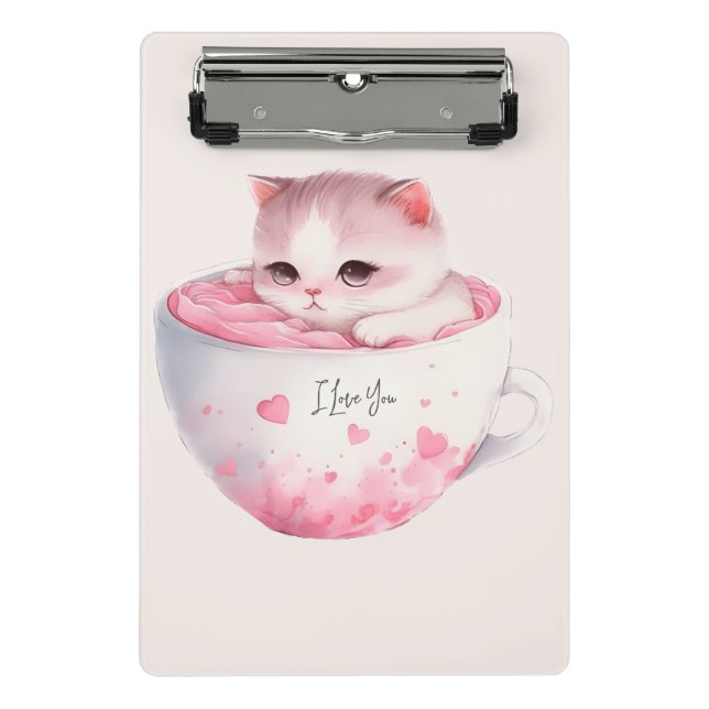 Cute White-Pink Cat in a Tea Cup (3) Mini Clipboard (Front)