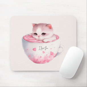 Cute White-Pink Cat in a Tea Cup (3) Mouse Mat