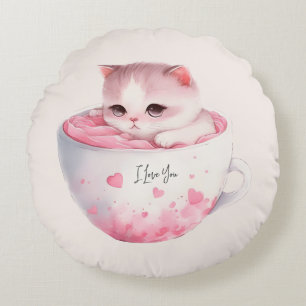 Cute White-Pink Cat in a Tea Cup (3) Round Cushion