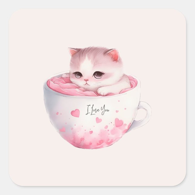 Cute White-Pink Cat in a Tea Cup (3) Square Sticker (Front)