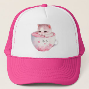 Cute White-Pink Cat in a Tea Cup (3) Trucker Hat