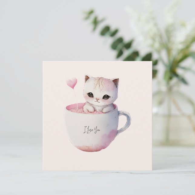 Cute White-Pink Cat in a Tea Cup (4) (Standing Front)