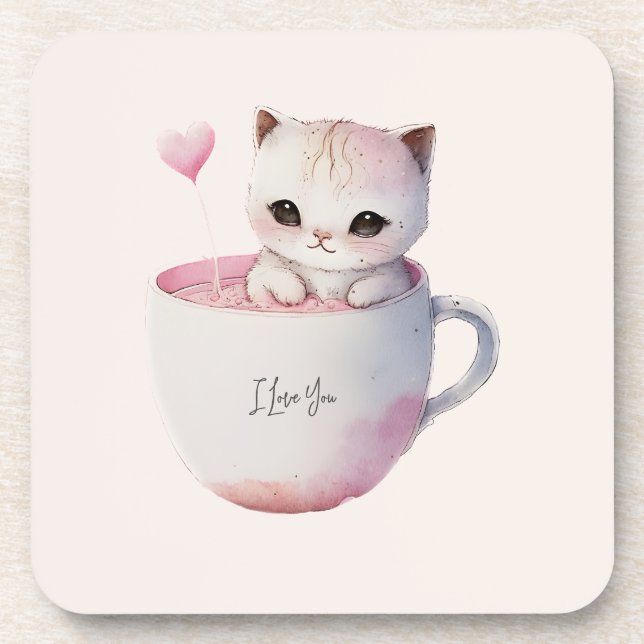 Cute White-Pink Cat in a Tea Cup (4) Coaster (Front)