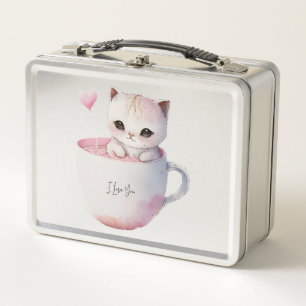 Cute White-Pink Cat in a Tea Cup (4) Metal Lunch Box