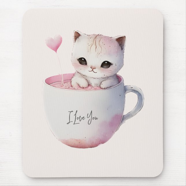 Cute White-Pink Cat in a Tea Cup (4) Mouse Mat (Front)