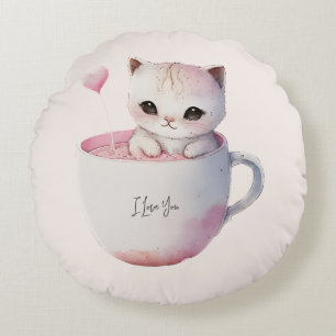 Cute White-Pink Cat in a Tea Cup (4) Round Cushion