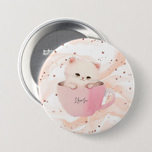 Cute White-Pink Cat in a Tea Cup 7.5 Cm Round Badge