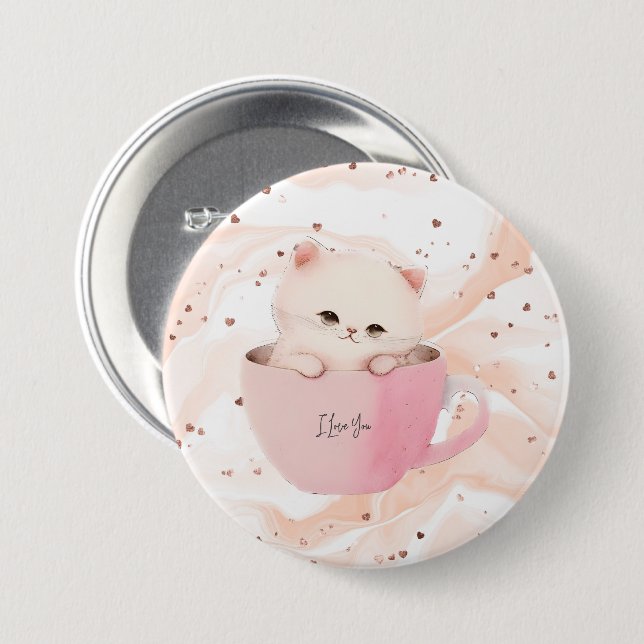 Cute White-Pink Cat in a Tea Cup 7.5 Cm Round Badge (Front & Back)