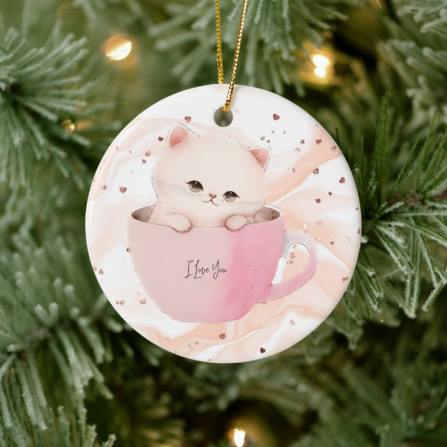 Cute White-Pink Cat in a Tea Cup Ceramic Tree Decoration (Tree)
