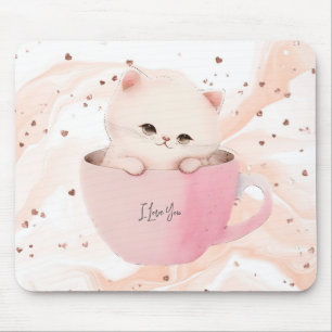 Cute White-Pink Cat in a Tea Cup Mouse Mat
