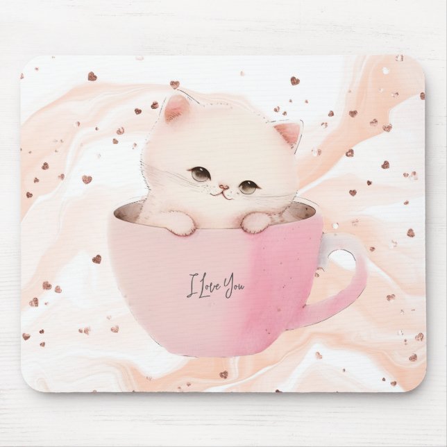 Cute White-Pink Cat in a Tea Cup Mouse Mat (Front)