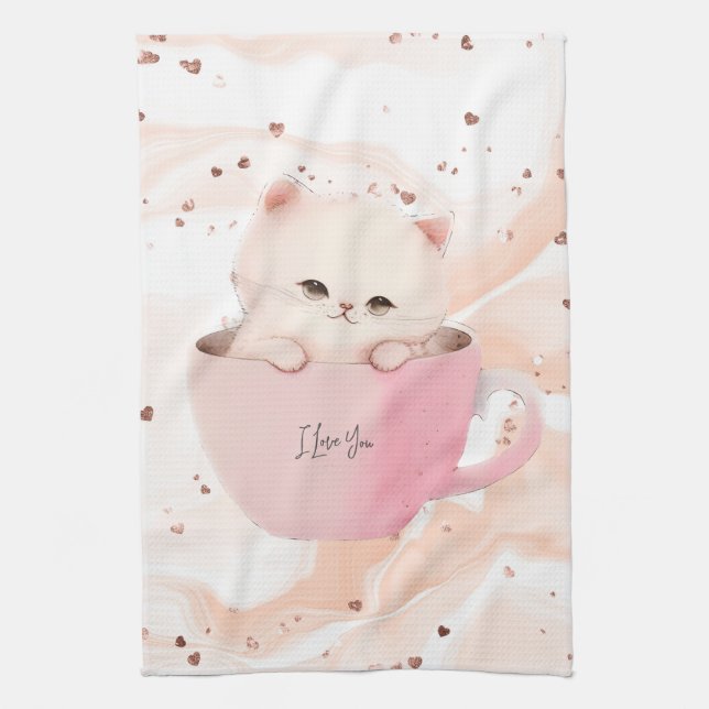 Cute White-Pink Cat in a Tea Cup Towel (Vertical)