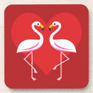 Cute White Pink Flamingos with Red Heart Coaster
