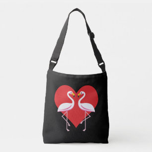 Cute White Pink Flamingos with Red Heart Crossbody Bag