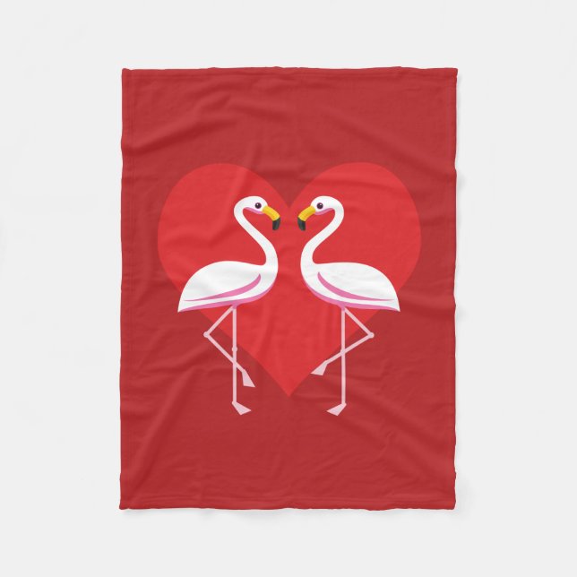 Cute White Pink Flamingos with Red Heart Fleece Blanket (Front)
