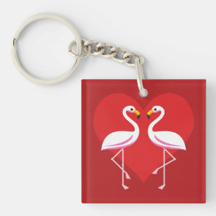 Cute White Pink Flamingos with Red Heart Key Ring