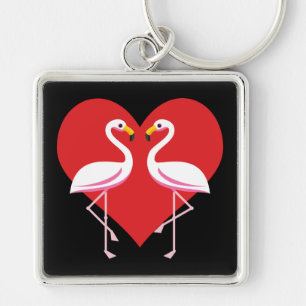 Cute White Pink Flamingos with Red Heart Key Ring
