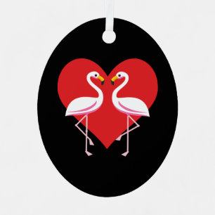 Cute White Pink Flamingos with Red Heart Metal Tree Decoration