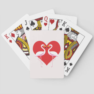 Cute White Pink Flamingos with Red Heart Playing Cards