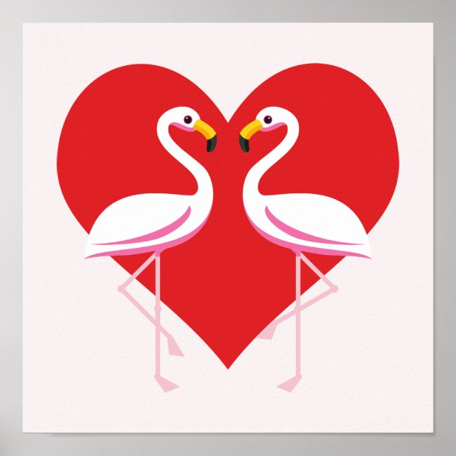 Cute White Pink Flamingos with Red Heart Poster (Front)