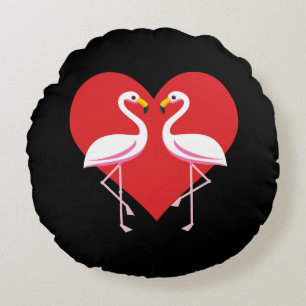 Cute White Pink Flamingos with Red Heart Round Cushion