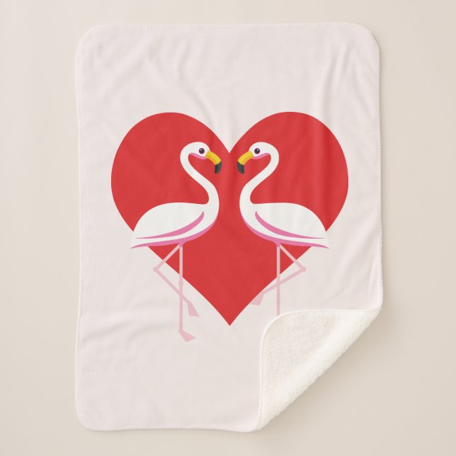 Cute White Pink Flamingos with Red Heart Sherpa Blanket (Front)