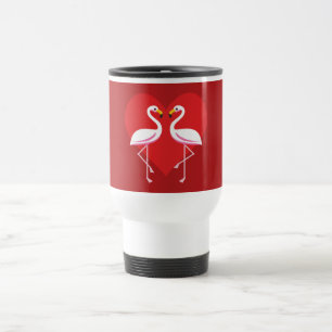 Cute White Pink Flamingos with Red Heart Travel Mug