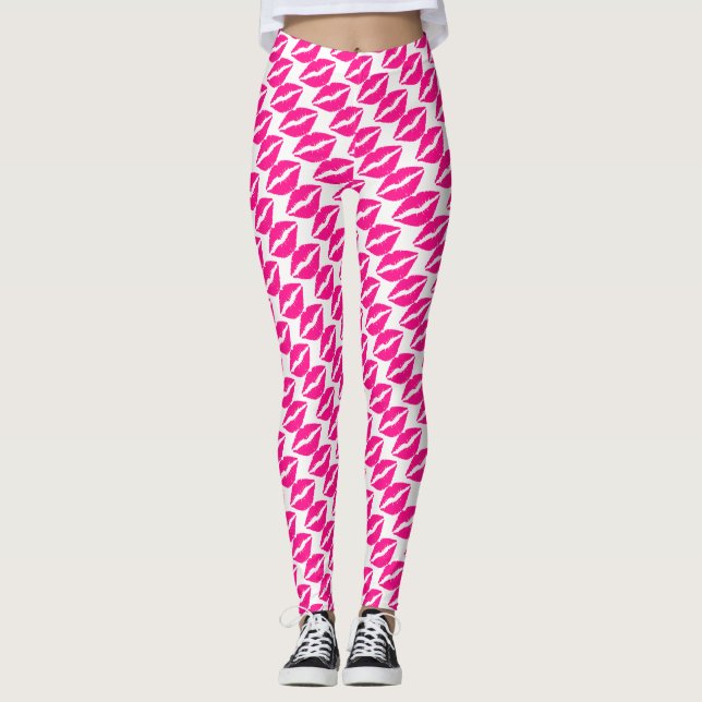 Cute white pink kisses pattern leggings (Front)