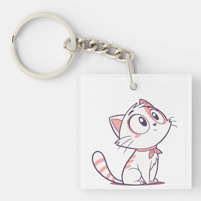 Cute White & Pink Kitten Cartoon – Kids Acrylic Key Ring (Front)