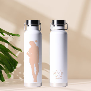 Cute White Pink Modern Female Golfer Monogram Water Bottle