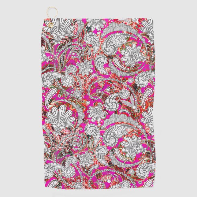 Cute white pink paisley patterns golf towel (Front)