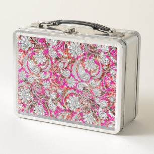 Cute white pink paisley patterns metal lunch box