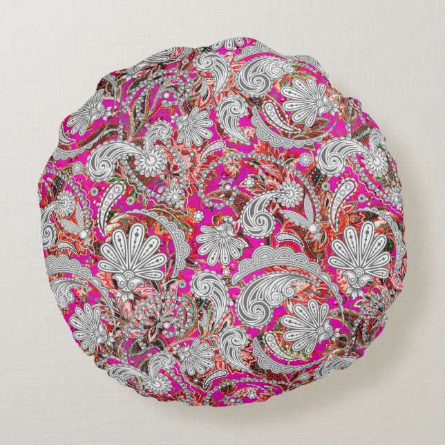 Cute white pink paisley patterns round cushion (Back)