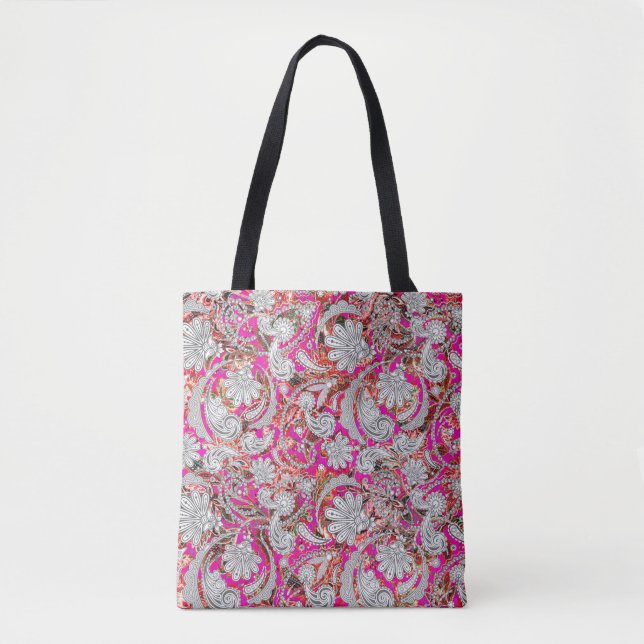 Cute white pink paisley patterns tote bag (Front)