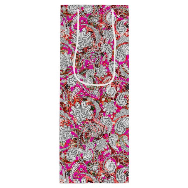 Cute white pink paisley patterns wine gift bag (Front)