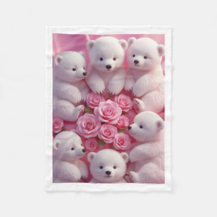 Cute White Polar Bear Cubs and Pink Roses Baby Bla Fleece Blanket