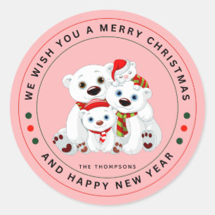 Cute White Polar Bear Family Pink Christmas Classic Round Sticker