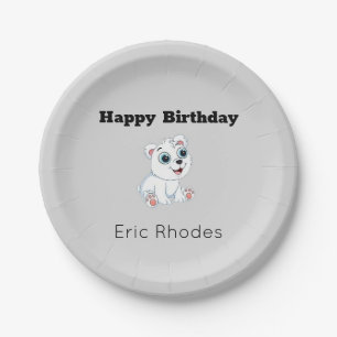 Cute white polar bear on gray birthday paper plate