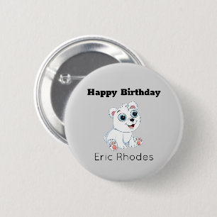 Cute white polar bear on grey birthday 6 cm round badge