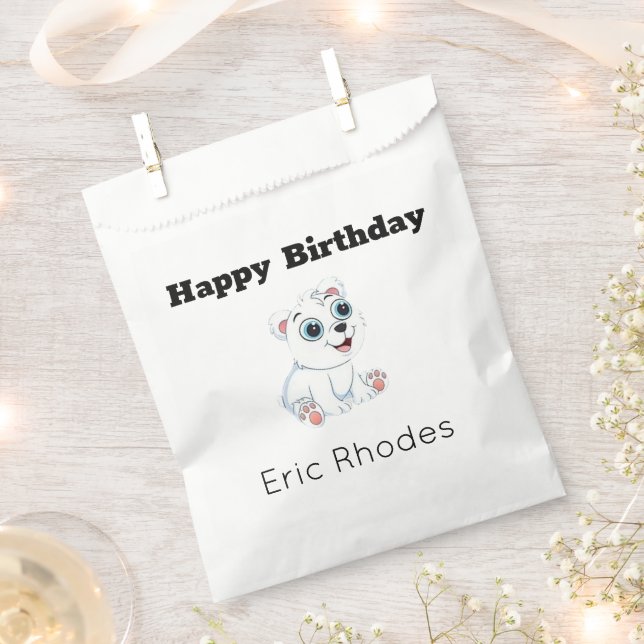 Cute white polar bear on grey birthday favour bags (Clipped)