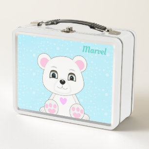 Cute White Polar Bear on Light Blue Metal Lunch Bo Metal Lunch Box