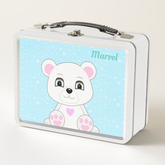 Cute White Polar Bear on Light Blue Metal Lunch Bo Metal Lunch Box (Front)