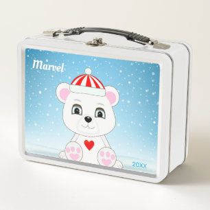 Cute White Polar Bear on Light Blue Metal Lunch Box