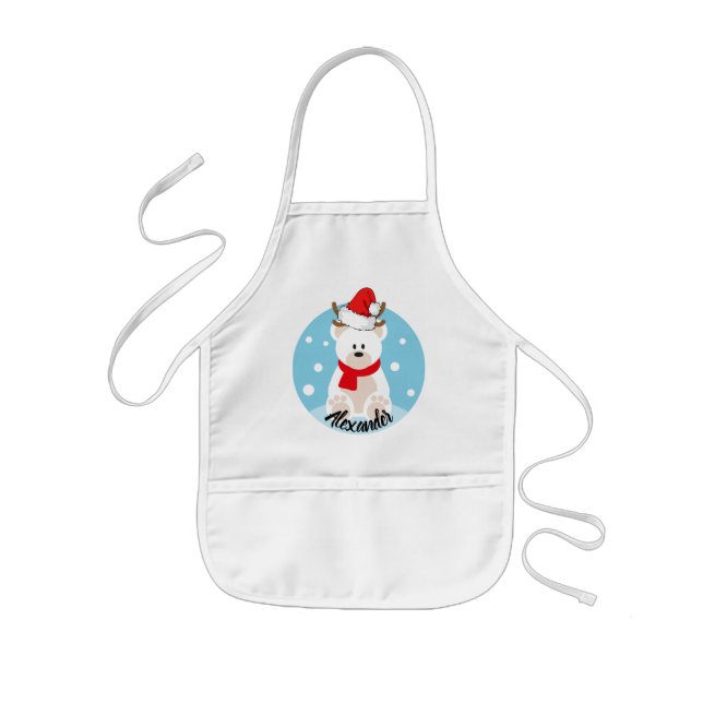 Cute White Polar Bear Red Santa's Hat & Scarf Name Kids Apron (Front)