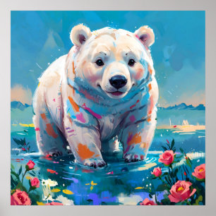 Cute White Polar Bear with Roses Painting Poster