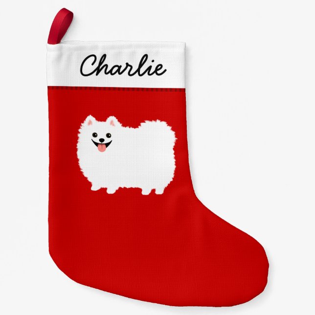 Cute White Pomeranian Cartoon Dog Fluffy Pommie Small Christmas Stocking (Front)