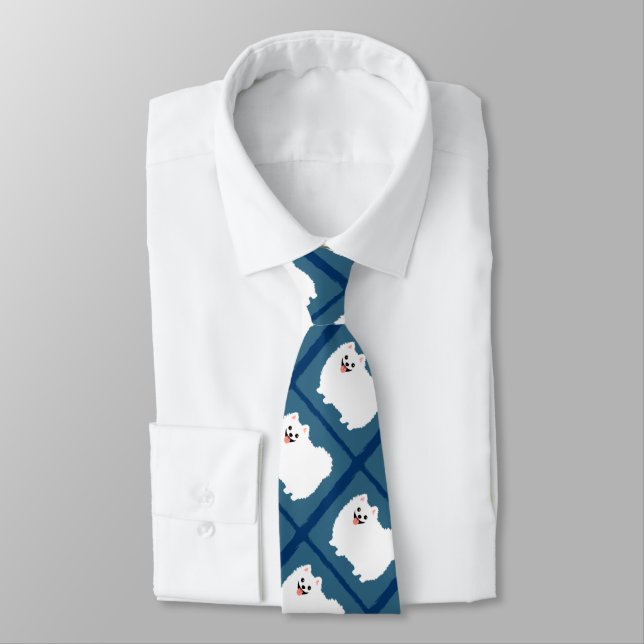 Cute White Pomeranian Cartoon Dogs Pattern Tie (Tied)