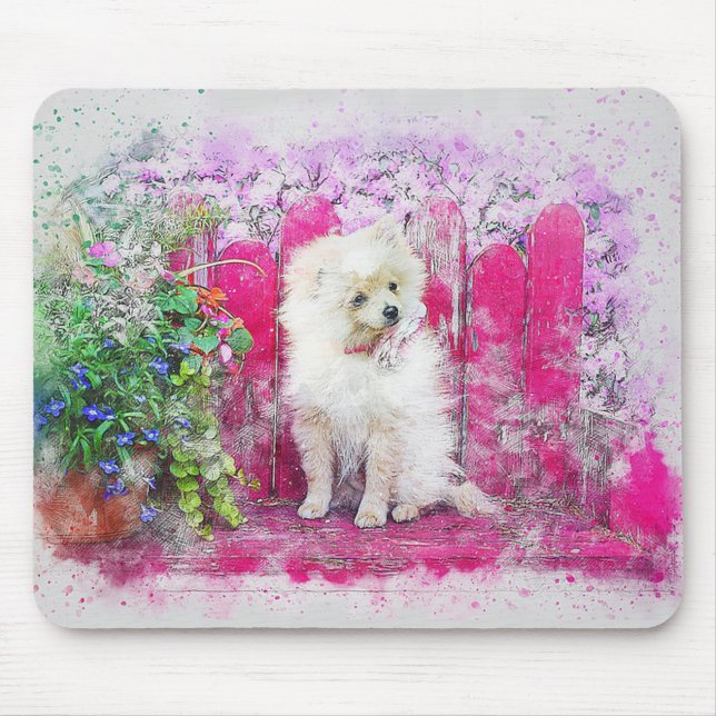 Cute White Pomeranian Dog Mouse Mat (Front)